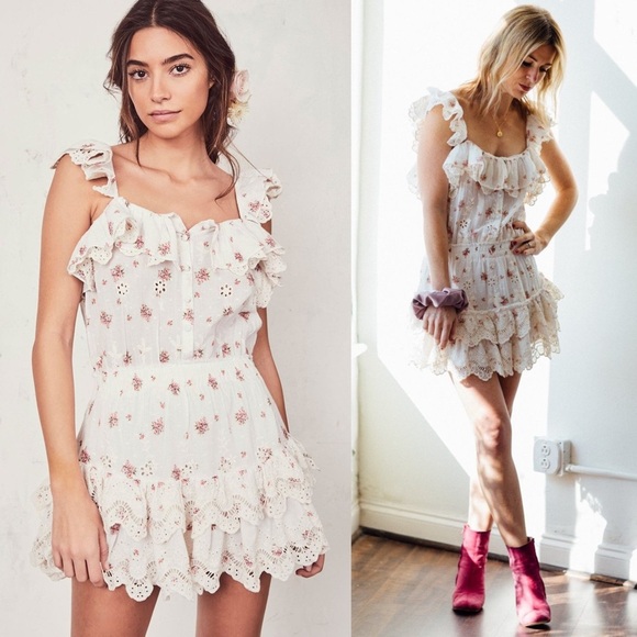 LOVESHACKFANCY Floral Embroidered Eyelet Ruffle Trim  Square Neck Mini Dress M - Picture 3 of 9